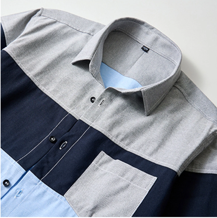 Long sleeve casual shirt with pocket and hand-woven fabric outline